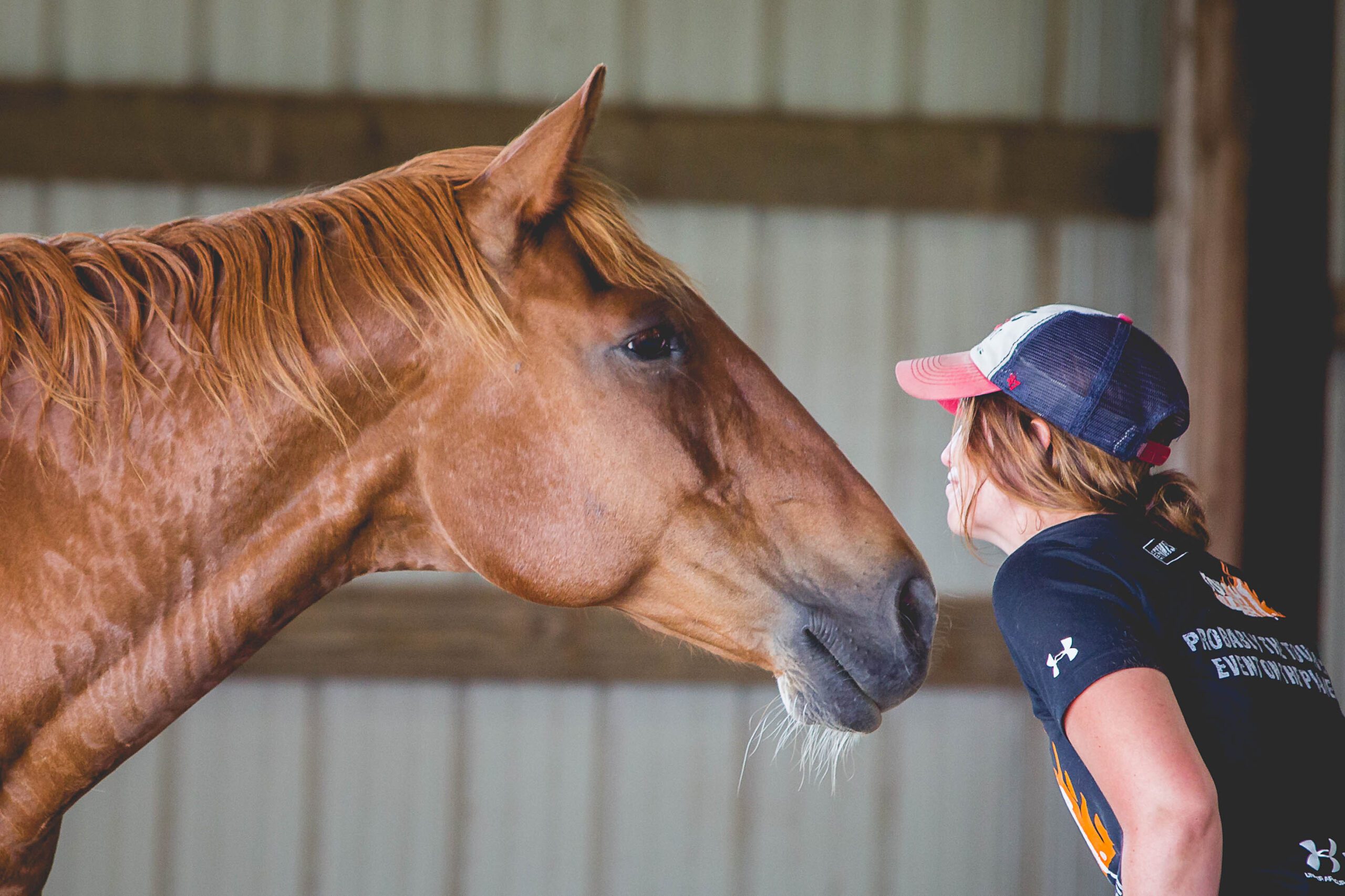 A teenage girl wearing a baseball hat preparing to kiss her horse on the nose